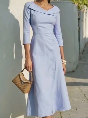 CHILLINEN - MIDI Linen Dress, Shawl Collar, Button Design, French Vintage